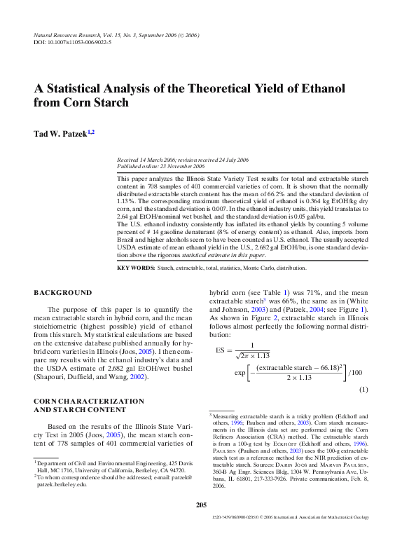 (PDF) A Statistical Analysis of the Theoretical Yield of Ethanol from ...
