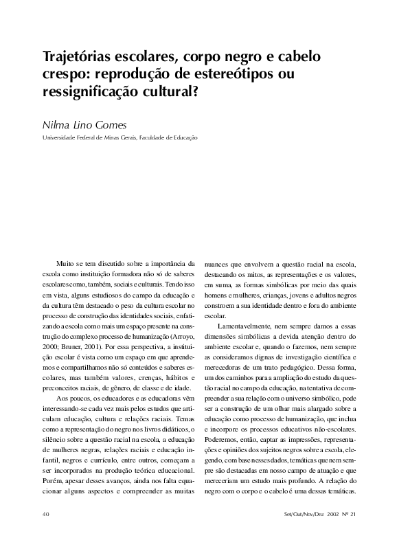 (PDF) Nilma Lino Gomes 40 Set/Out/Nov/Dez 2002 Nº 21 ressignificação