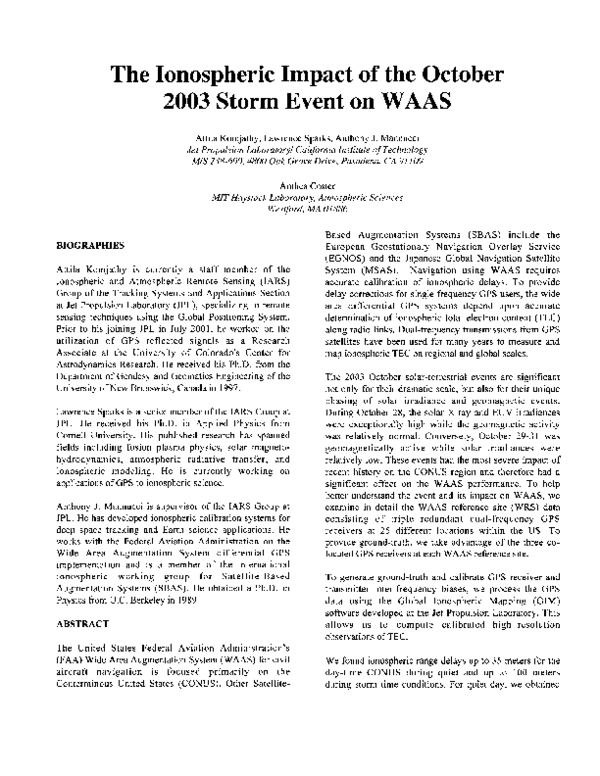 (PDF) The Ionospheric Impact of the October 2003 Storm Event on WAAS
