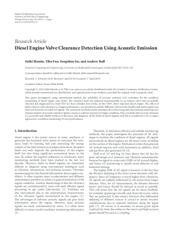 (PDF) Diesel Engine Valve Clearance Detection Using Acoustic Emission