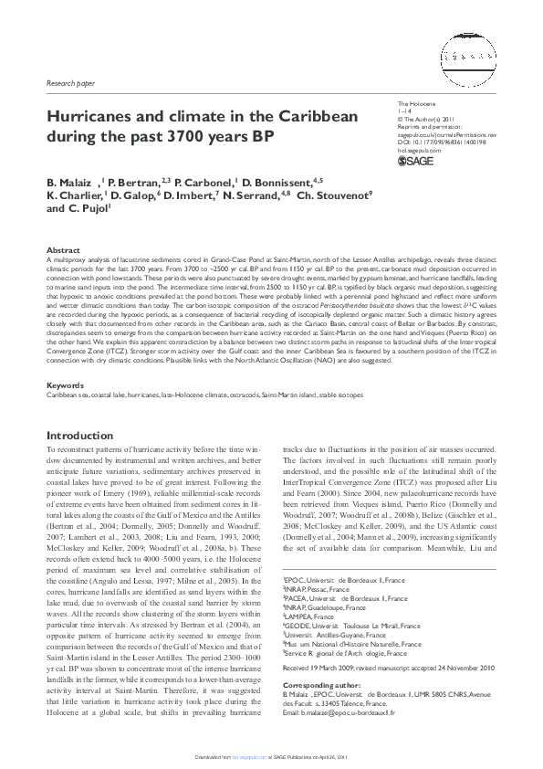 Hurricanes and climate in the Caribbean during the past 3700 years BP