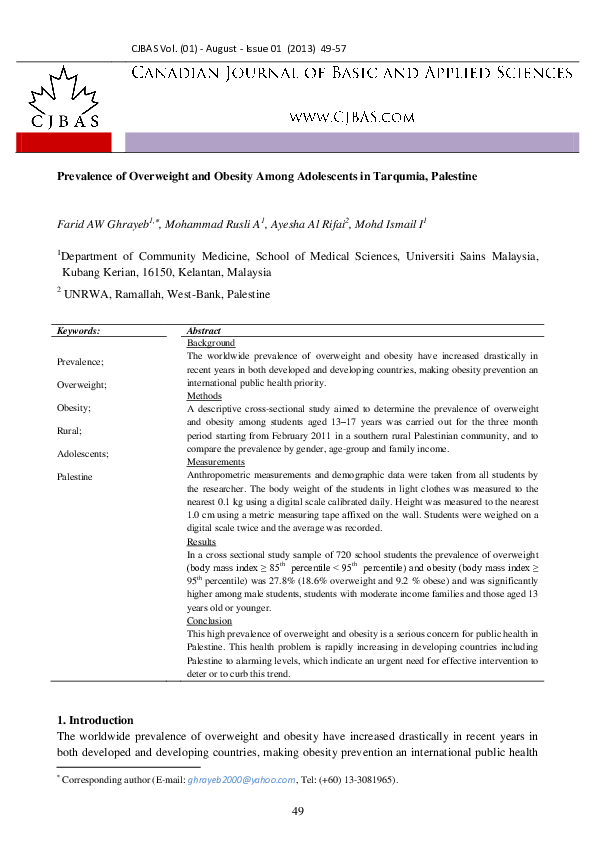 (PDF) Prevalence of Overweight and Obesity Among Adolescents in ...