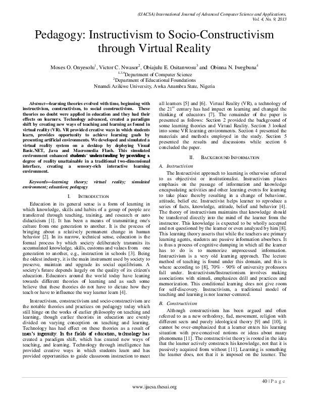 (PDF) pedagogy instructivism to constructivism through virtual reality