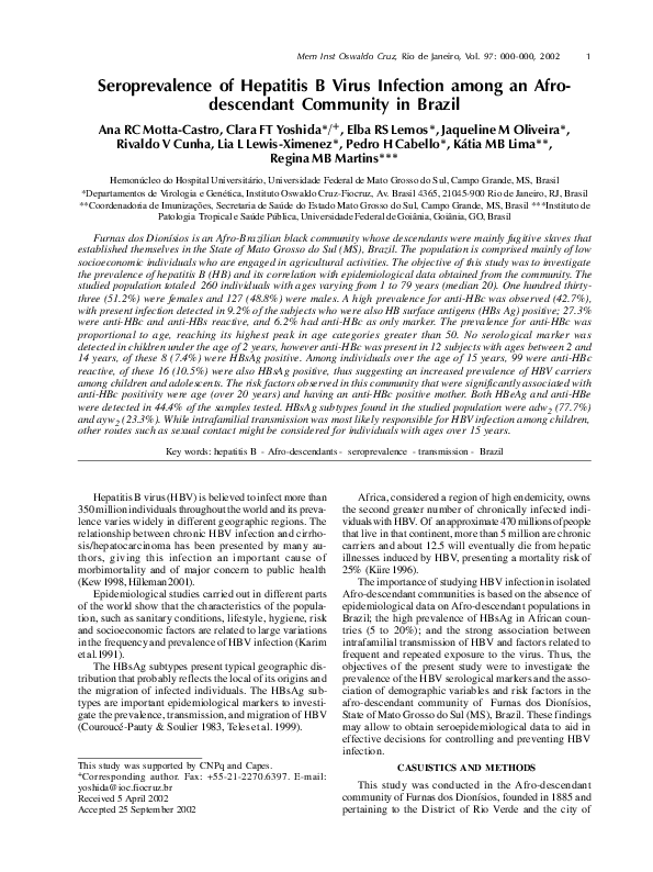 (PDF) Seroprevalence of Hepatitis B virus infection among an afro ...