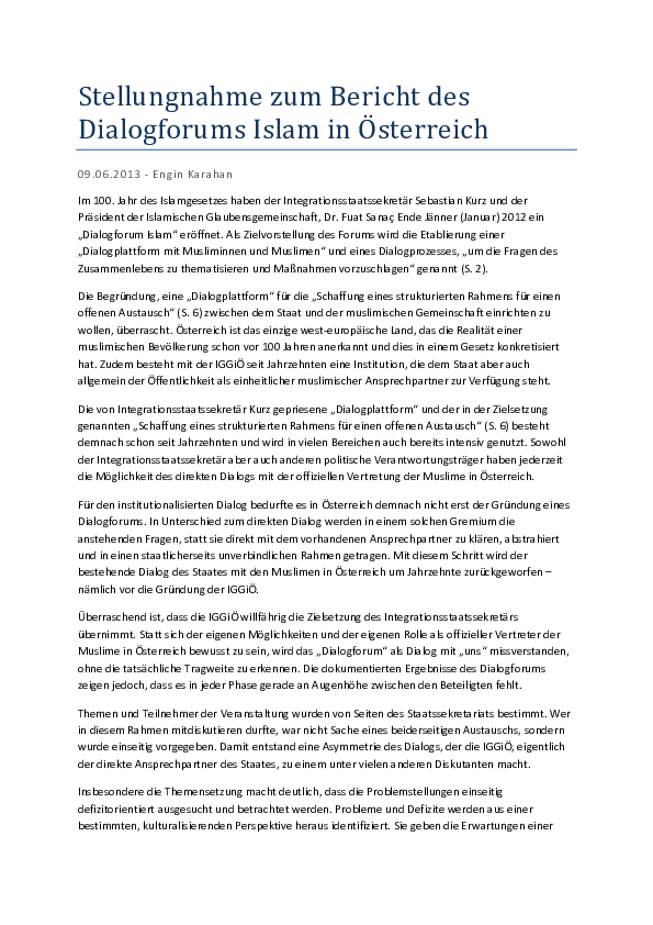 Pdf Stellungnahme Zum Bericht Des Dialogforums Islam In