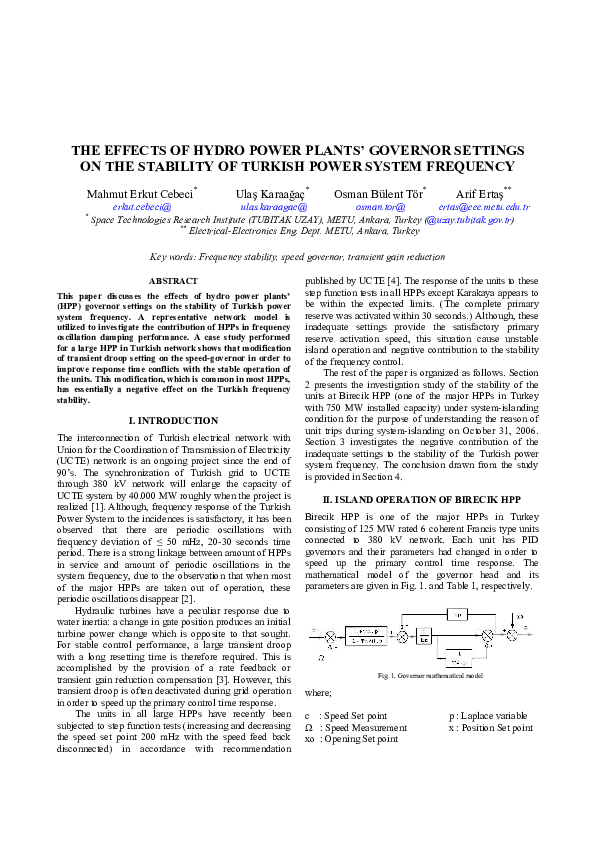 (PDF) THE EFFECTS OF HYDRO POWER PLANTS' GOVERNOR SETTINGS ON THE ...