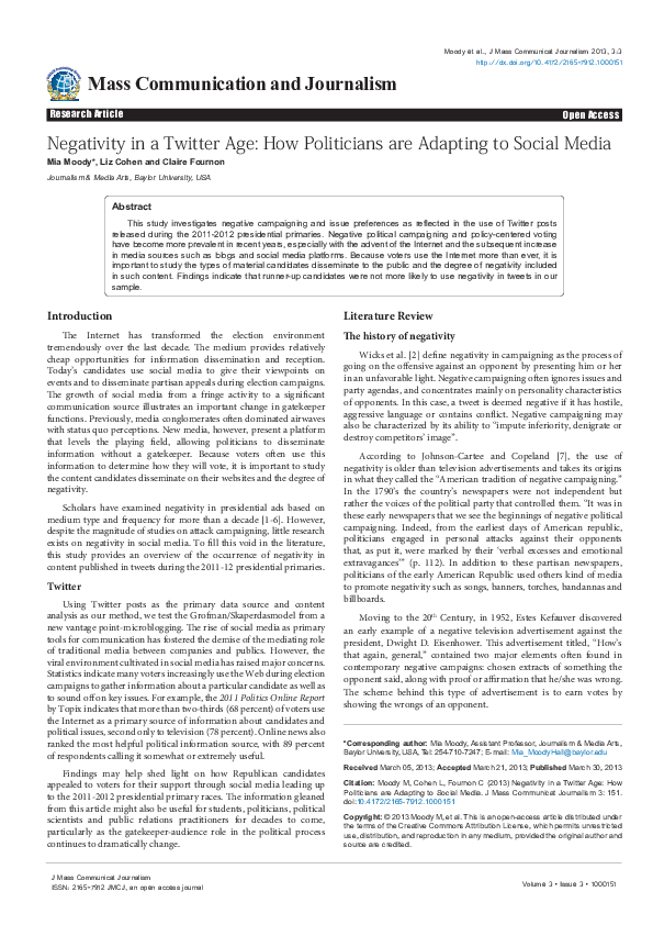 Pdf Mass Communication And Journalism Negativity In A Twitter Age How Politicians Are Adapting To Social Media Mia Moody Ramirez Academia Edu