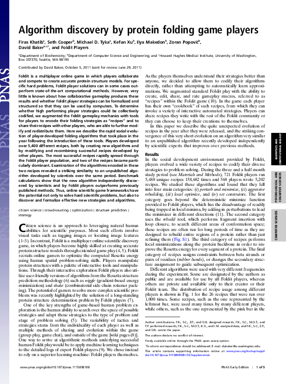 (PDF) Algorithm discovery by protein folding game players.. David