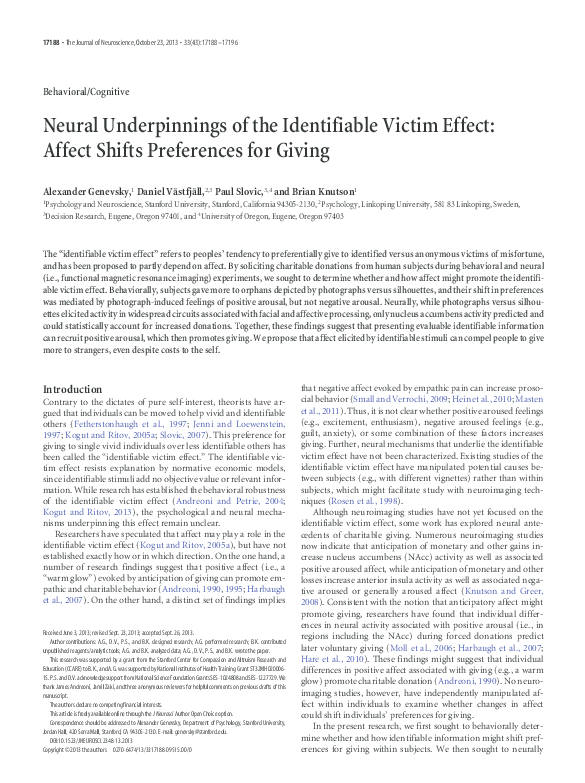 (PDF) Neural underpinnings of the identifiable victim effect: Affect ...