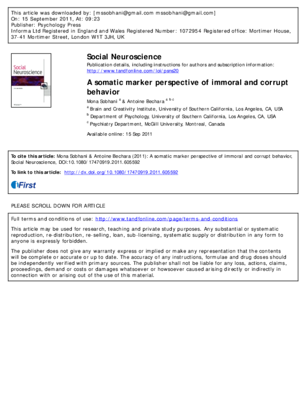 (PDF) A somatic marker perspective of immoral and corrupt behavior