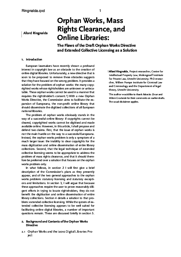 Pdf Orphan Works Mass Rights Clearance And Online Libraries The Pdf Orphan Works Mass Rights Clearance And Online Libraries The