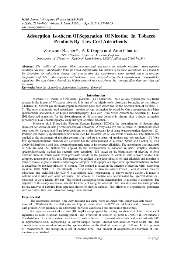 (PDF) Adsorption Isotherm Of Separation Of Nicotine In Tobacco Products ...