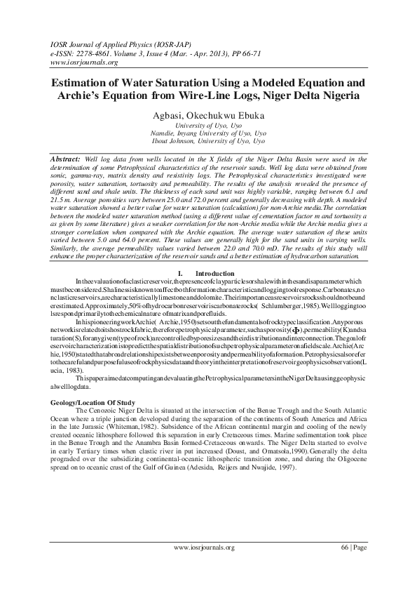 (PDF) Estimation of Water Saturation Using a Modeled Equation and ...