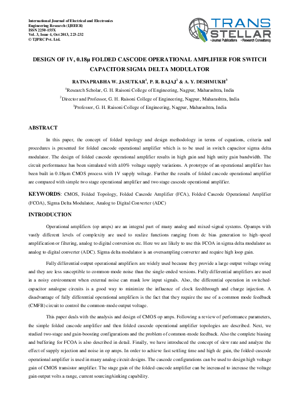 (PDF) Design of 1V, 0.18μ Folded Cascode Operational Amplifier for ...