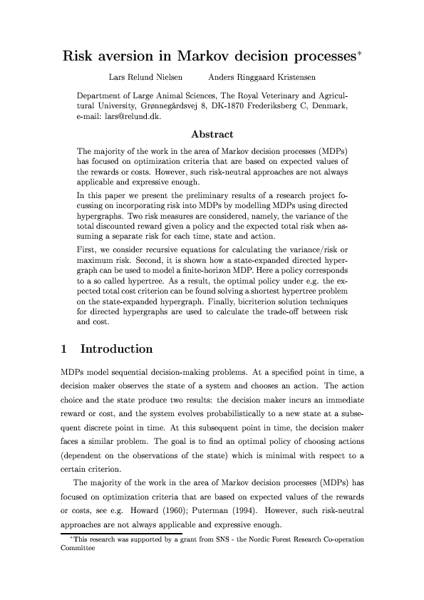 (PDF) Risk aversion in Markov decision processes