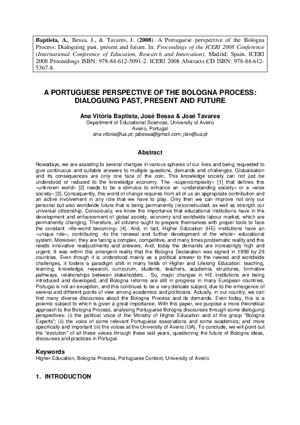 (PDF) A Portuguese perspective of the Bologna Process Dialoguing past