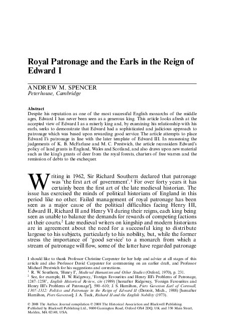 Royal Patronage and the Earls in the Reign of Edward I