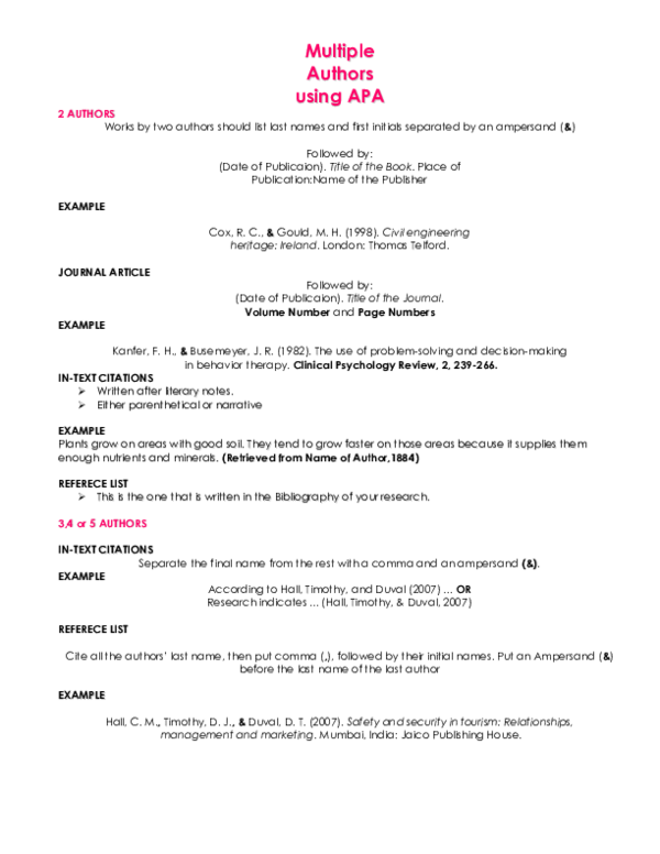 (DOC) Multiple Authors using APA 2 AUTHORS Works by two authors should