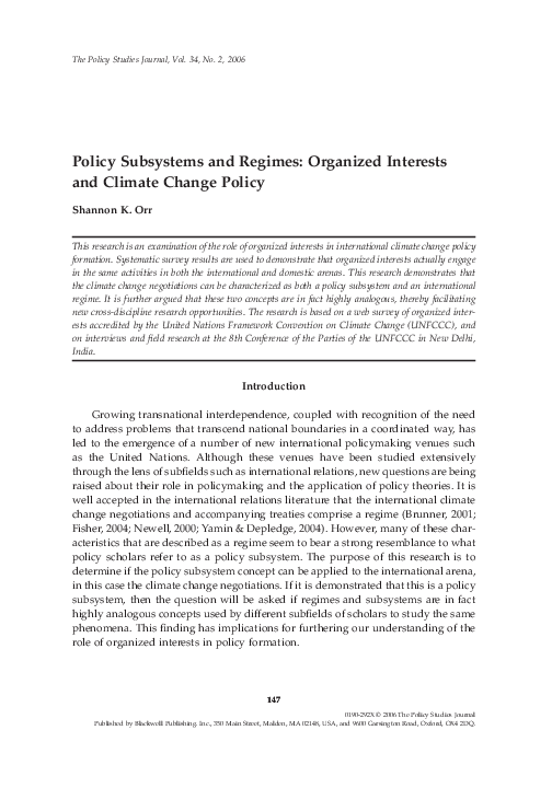 (PDF) Policy Subsystems and Regimes: Organized Interests and Climate ...