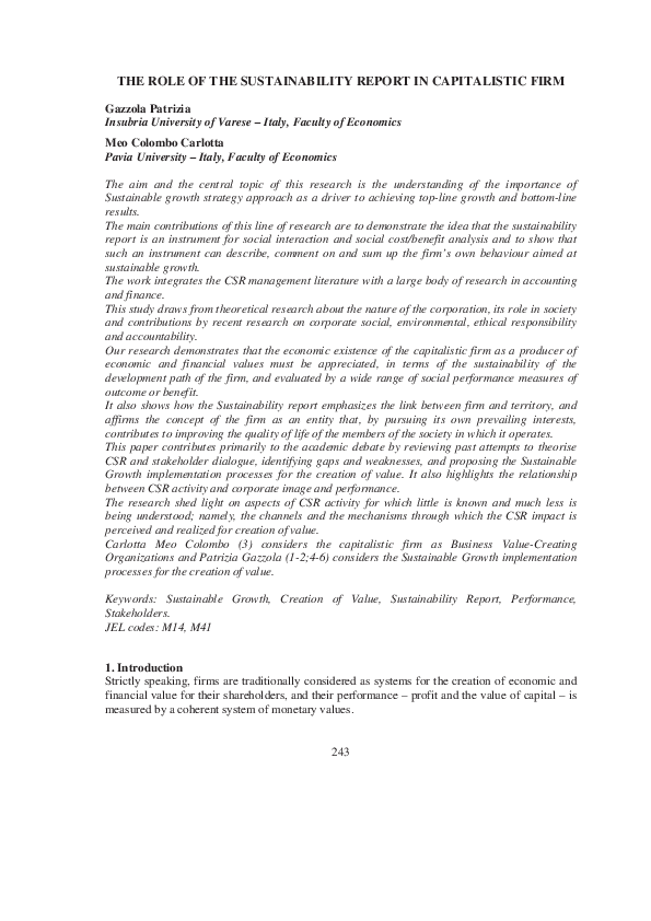 (PDF) THE ROLE OF THE SUSTAINABILITY REPORT IN CAPITALISTIC FIRM