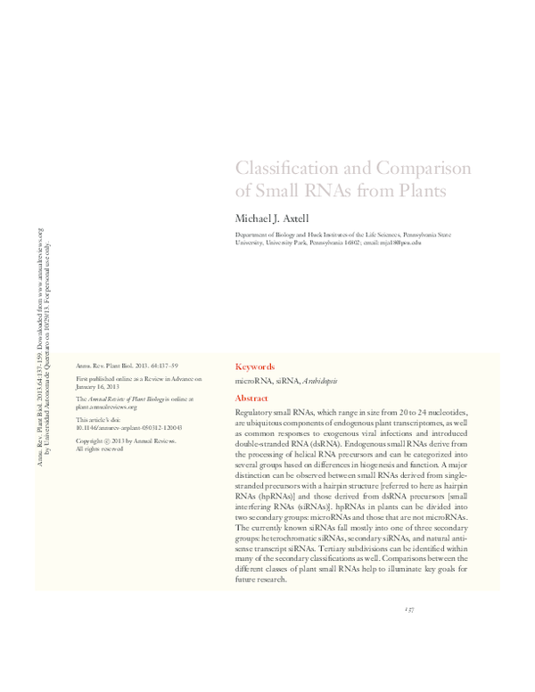 (PDF) Classiﬁcation and Comparison of Small RNAs from Plants