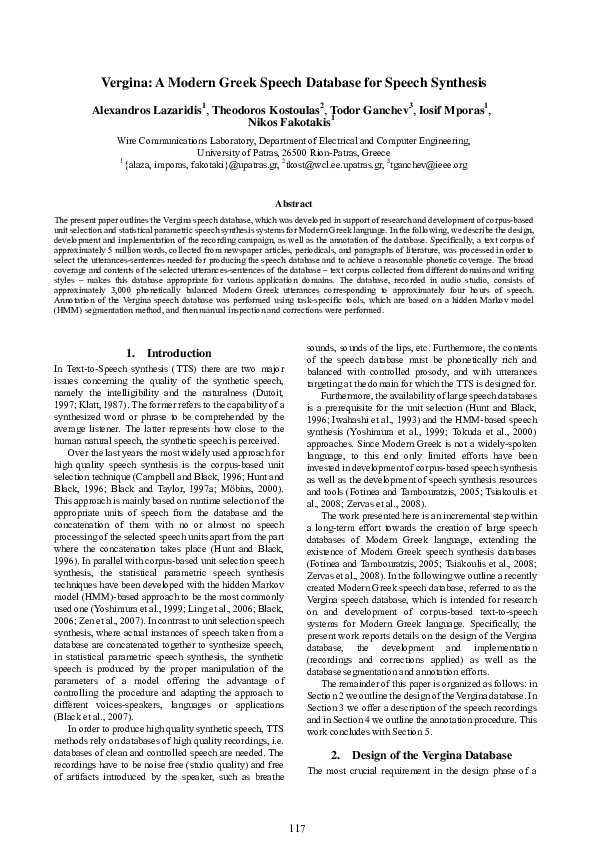 Pdf Vergina A Modern Greek Speech Database For Speech Synthesis Alexandros Lazaridis Academia Edu