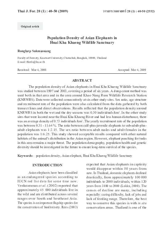 (PDF) Population Density of Asian Elephants in Huai Kha Khaeng Wildlife ...