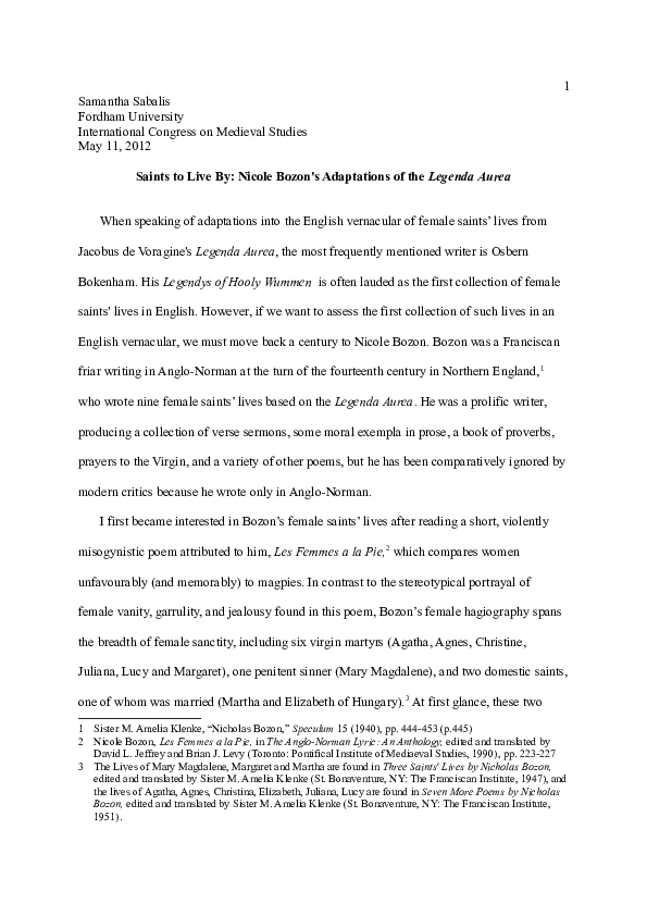 Saints to Live By: Nicole Bozon's Adaptations of the Legenda Aurea