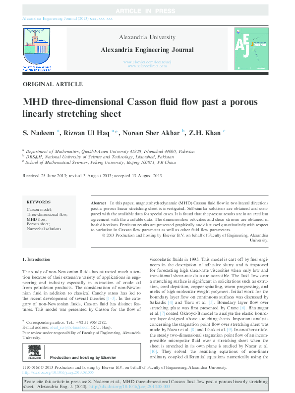 (PDF) MHD three-dimensional Casson fluid flow past a porous linearly ...