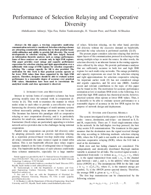 (PDF) Performance of selection relaying and cooperative diversity