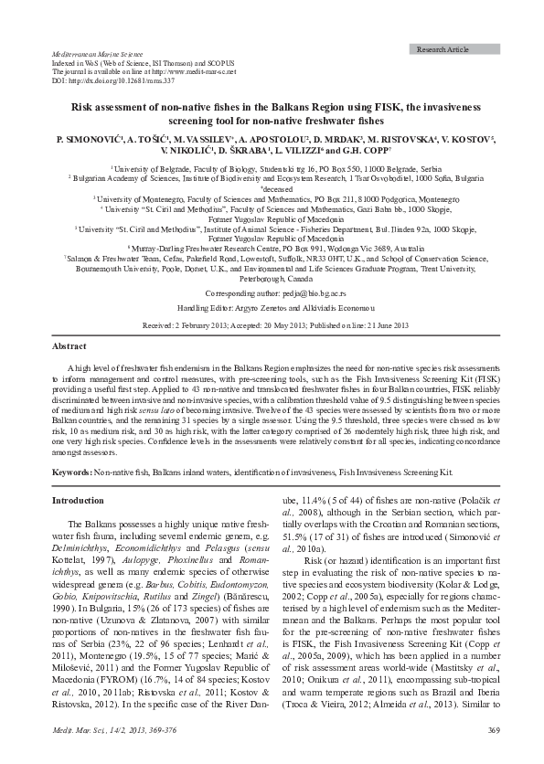 (PDF) Risk assessment of non-native fishes in the Balkans Region using ...