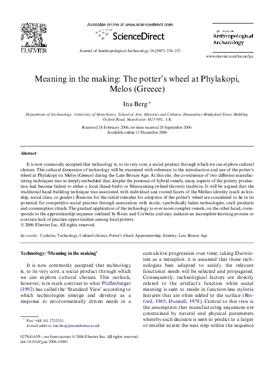 (PDF) Meaning in the making The potter’s wheel at Phylakopi, Melos