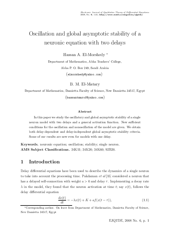(PDF) Oscillation and global asymptotic stability of a neuronic ...