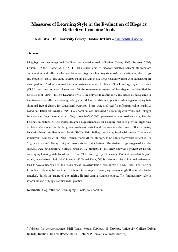 (PDF) Measures of Learning Style in the Evaluation of Blogs as ...