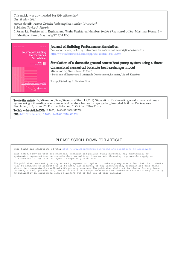 (PDF) Simulation of a domestic ground source heat pump system using a ...