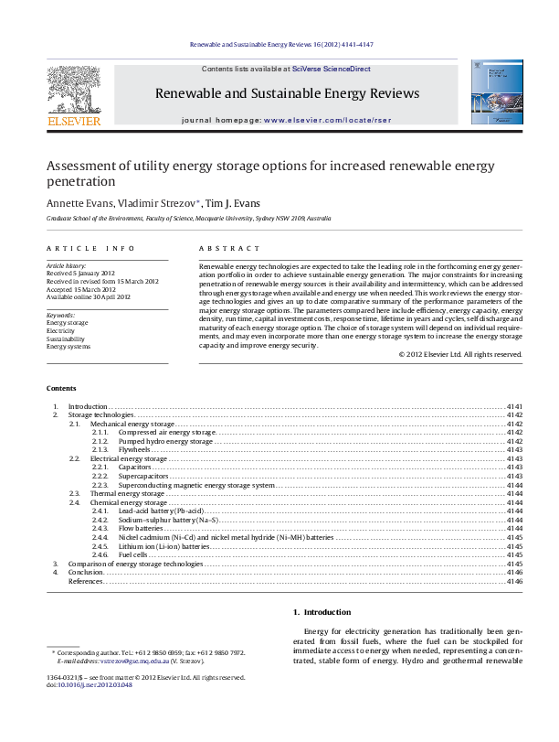 (PDF) Assessment of utility energy storage options for increased