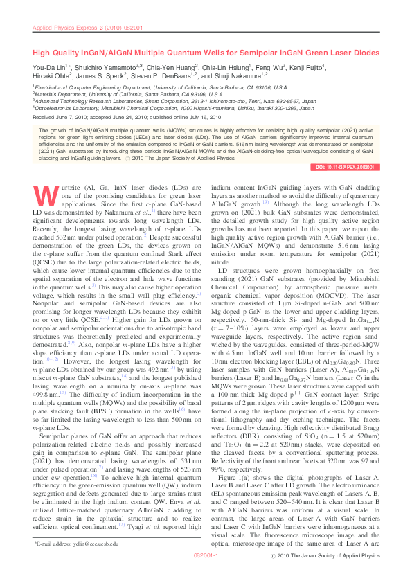 (PDF) High Quality InGaN/AlGaN Multiple Quantum Wells for Semipolar ...