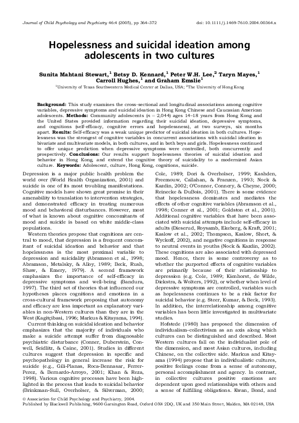 (PDF) Hopelessness and suicidal ideation among adolescents in two cultures