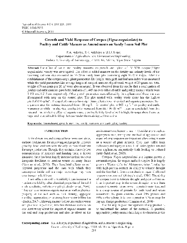 Pdf Growth And Yield Response Of Cowpea Vigna Unguiculata To Poultry And Cattle Manure As Amendments On Sandy Loam Soil Plot Segun Emmanuel And John Musa Academia Edu