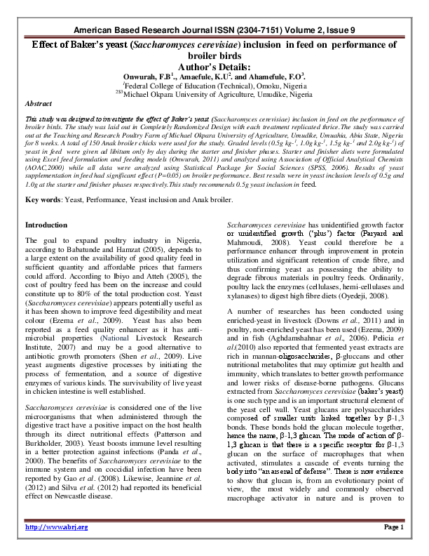 (PDF) Effect of Baker's yeast (Saccharomyces cerevisiae) inclusion in feed on performance of