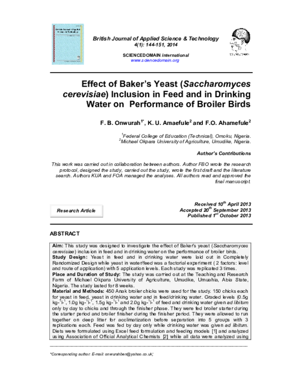 (PDF) Effect of Baker’s Yeast (Saccharomyces cerevisiae) Inclusion in Feed and in Drinking Water