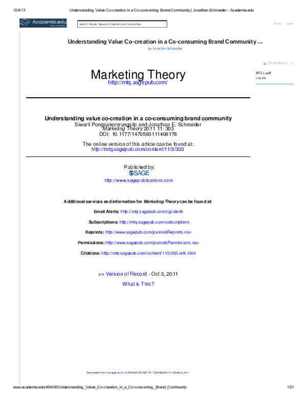 (PDF) 0/4/13 Understanding Value Co-creation in a Co-consuming Brand ...