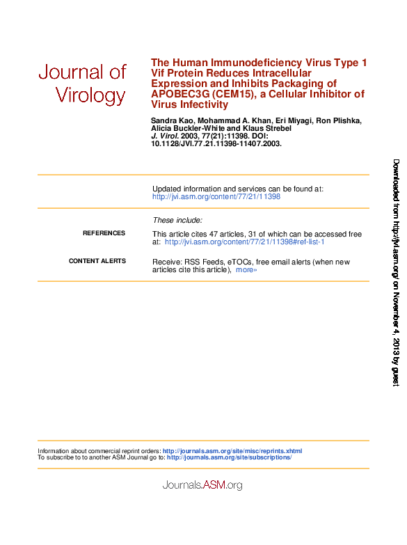 (PDF) The Human Immunodeficiency Virus Type 1 Vif Protein Reduces ...