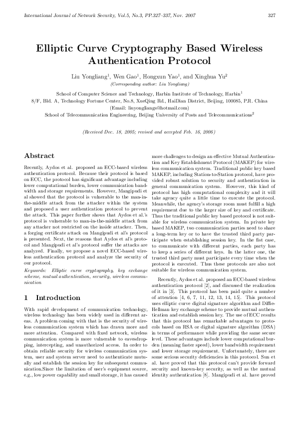 (PDF) Elliptic Curve Cryptography Based Wireless Authentication Protocol