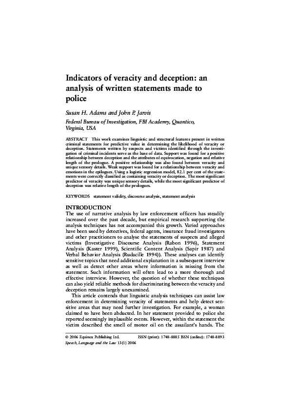 (PDF) Indicators of veracity and deception: an analysis of written ...
