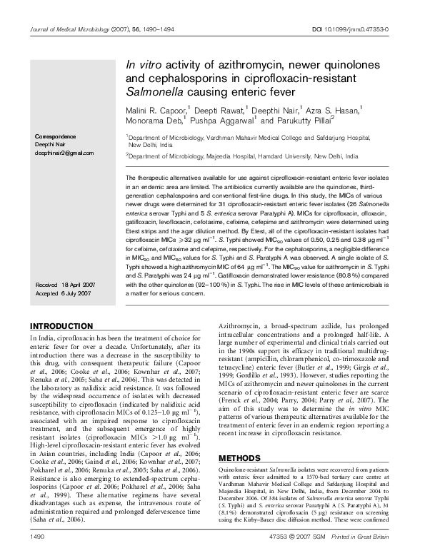 (PDF) In vitro activity of azithromycin, newer quinolones and ...
