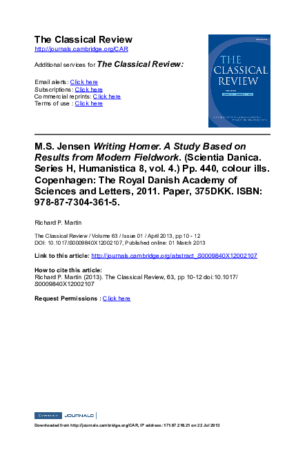 (PDF) Review of Jensen, Writing Homer