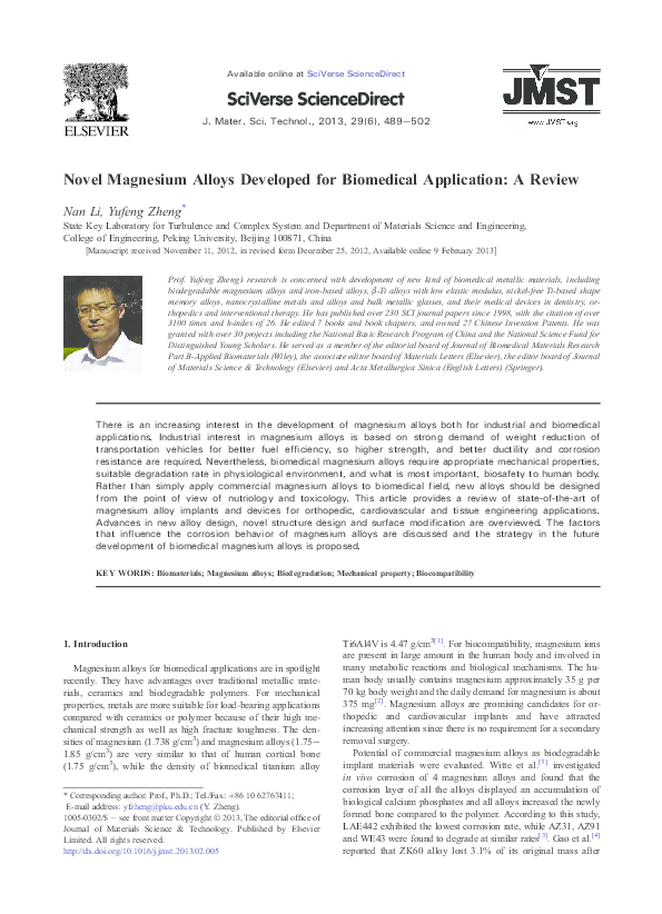 Pdf Novel Magnesium Alloys Developed For Biomedical Application A Review