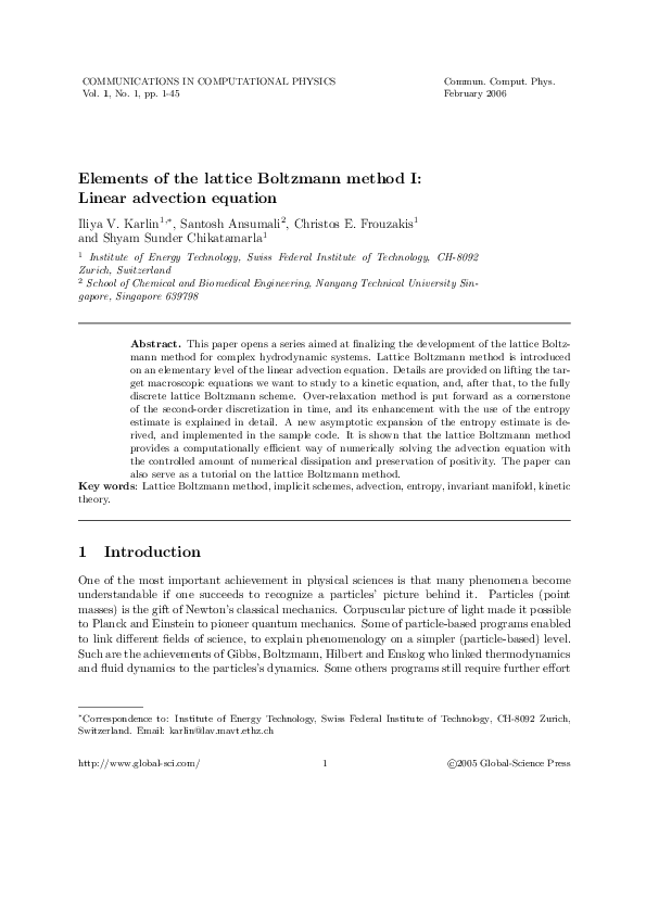 (PDF) Elements of the lattice Boltzmann method I: Linear advection equation