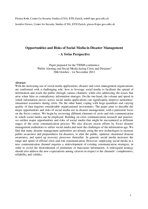 Opportunities and Risks of Social Media in Disaster Management - A ...
